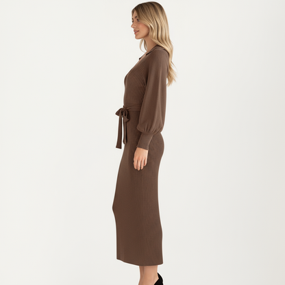 Anna-Kaci Women's Long Sleeve Ribbed Knit Midi Dress with V-Neck and Waist Tie