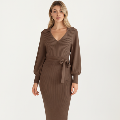 Anna-Kaci Women's Long Sleeve Ribbed Knit Midi Dress with V-Neck and Waist Tie