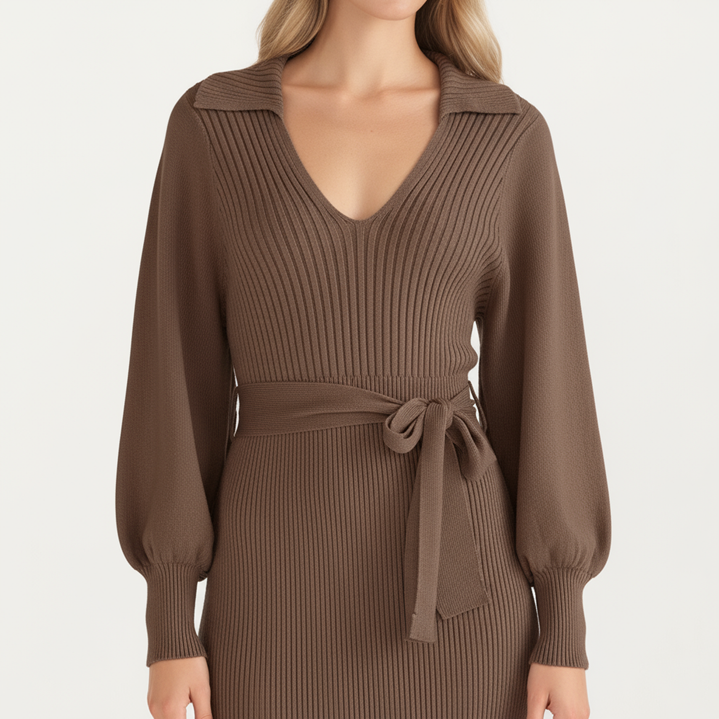 Anna-Kaci Women's Long Sleeve Ribbed Knit Midi Dress with V-Neck and Waist Tie