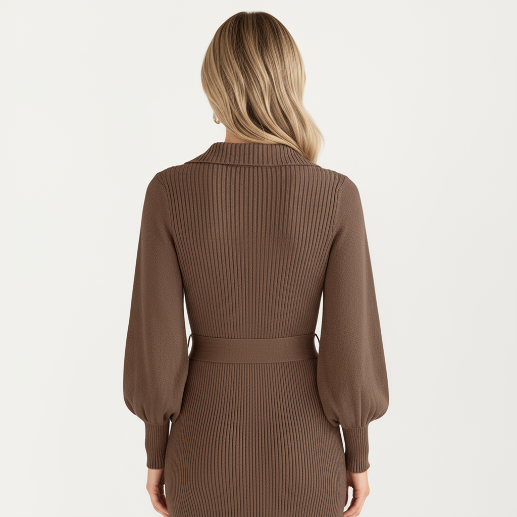Anna-Kaci Women's Long Sleeve Ribbed Knit Midi Dress with V-Neck and Waist Tie