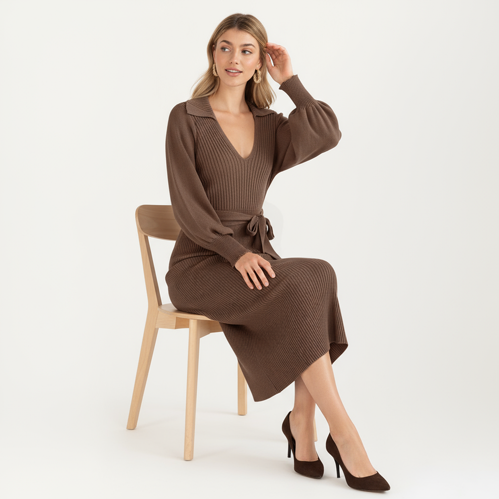 Anna-Kaci Women's Long Sleeve Ribbed Knit Midi Dress with V-Neck and Waist Tie
