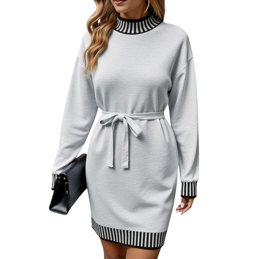 Anna-Kaci Women's Long Sleeve Sweater Dress with Striped Trim and Waist Tie