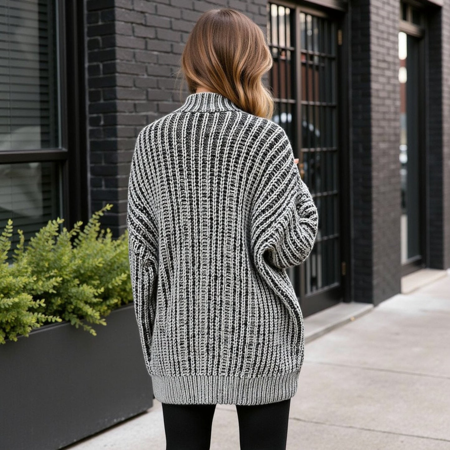 Anna-Kaci Women's Striped Knit Cardigan with Button Front and Drop Shoulder Design