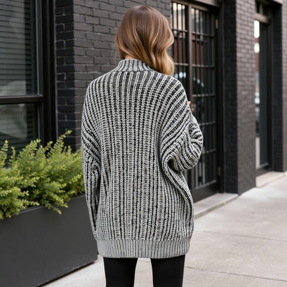 Anna-Kaci Women's Striped Knit Cardigan with Button Front and Drop Shoulder Design