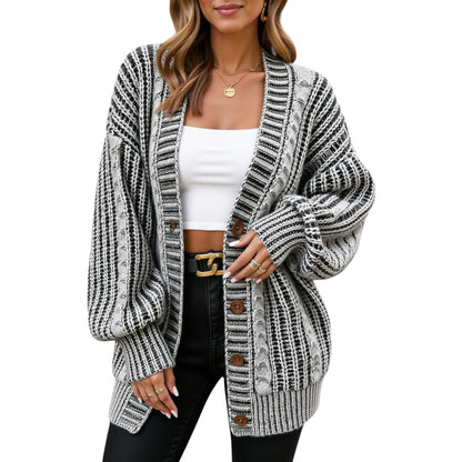 Anna-Kaci Women's Striped Knit Cardigan with Button Front and Drop Shoulder Design