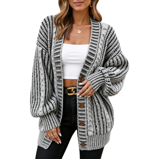 Anna-Kaci Women's Striped Knit Cardigan with Button Front and Drop Shoulder Design