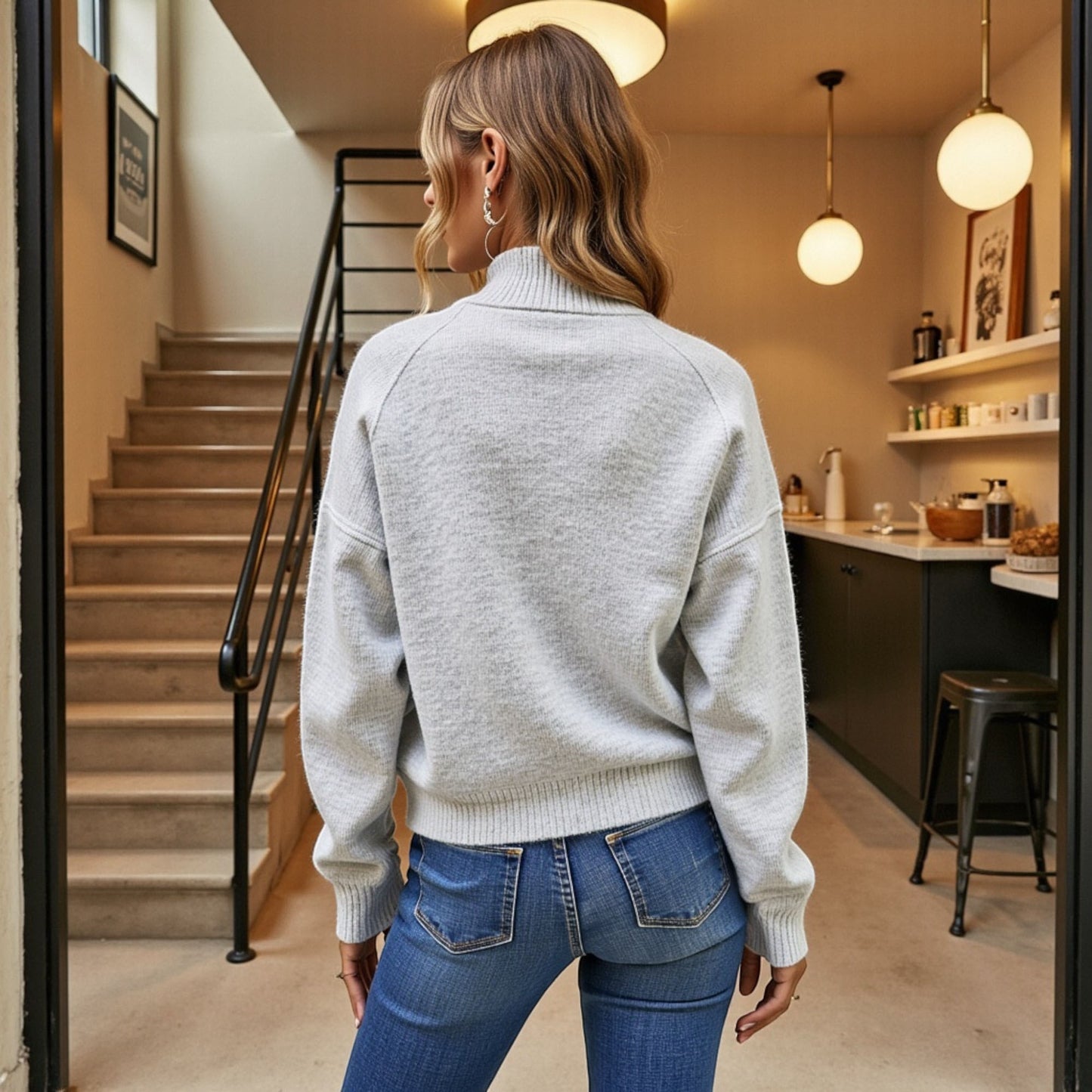 Anna-Kaci Women's Knit Pullover Sweater with Button Collar and Long Sleeves