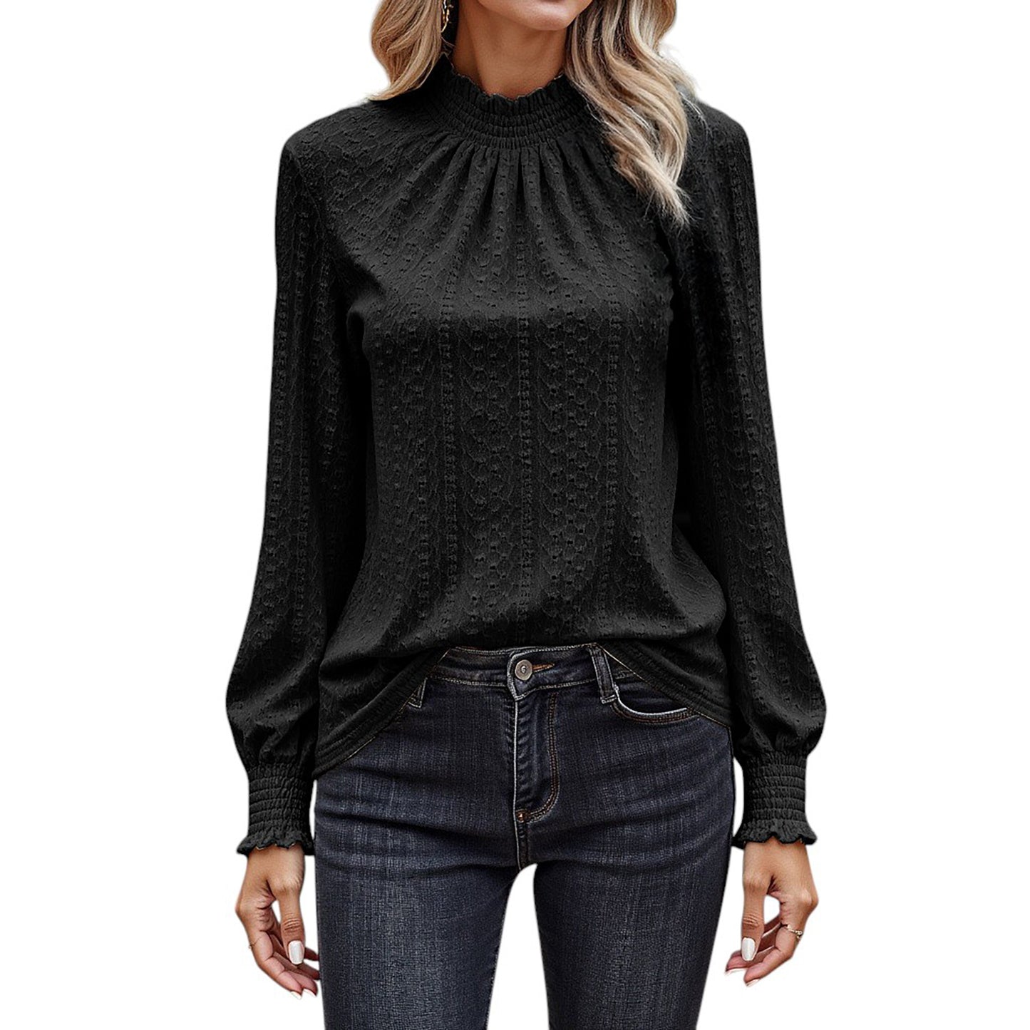 Anna-Kaci Women's Long Sleeve Textured Blouse with Smocked High Neckline and Cuffed Sleeves