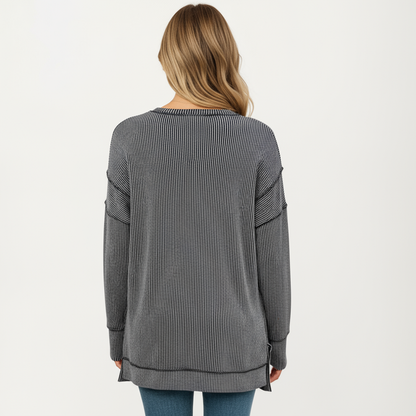 Anna-Kaci Women's Long Sleeve Ribbed Knit Pullover Top with Side Slit Detail