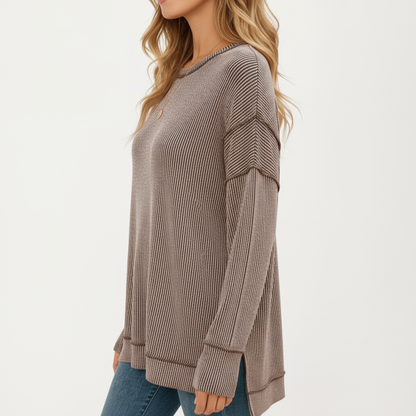Anna-Kaci Women's Long Sleeve Ribbed Knit Pullover Top with Side Slit Detail