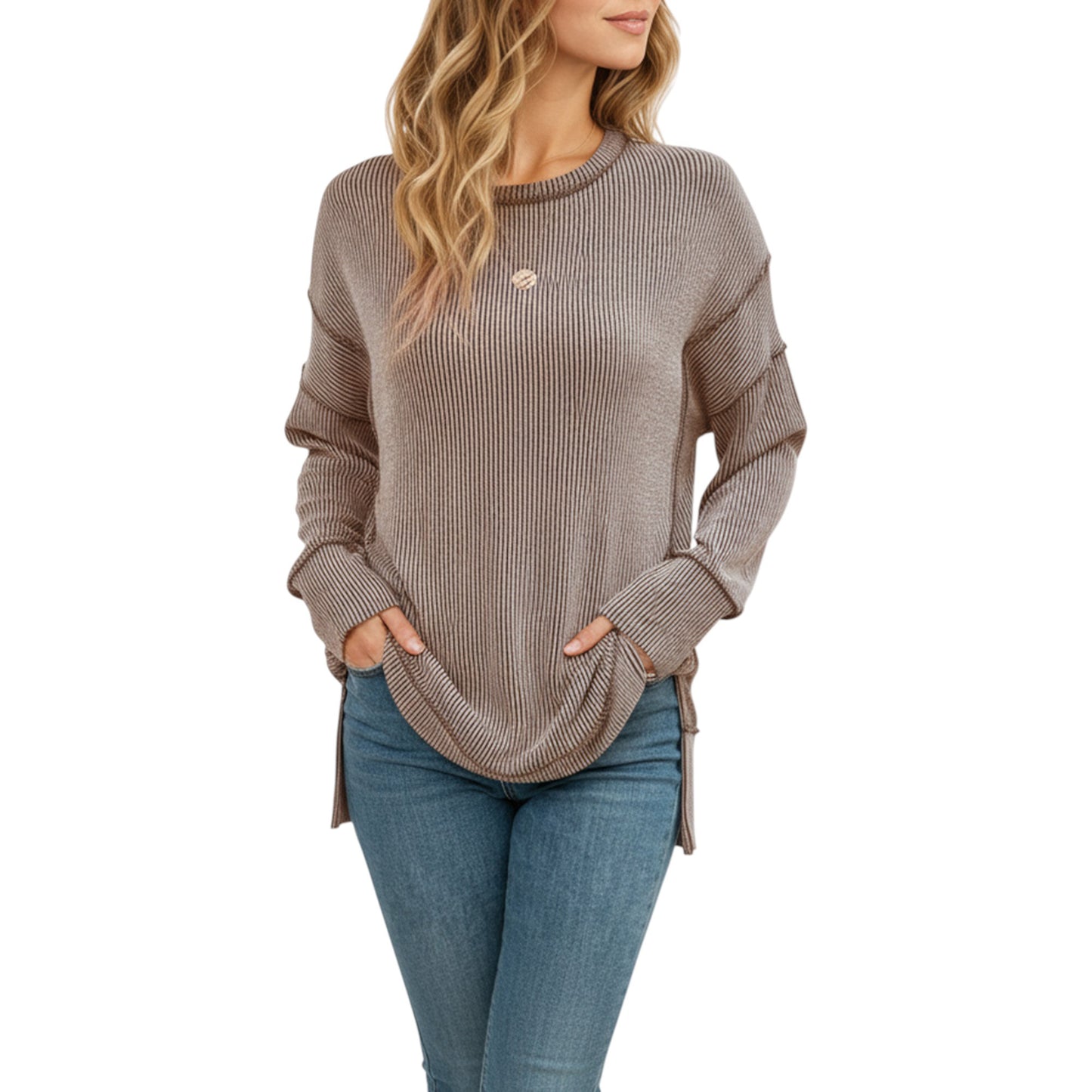 Anna-Kaci Women's Long Sleeve Ribbed Knit Pullover Top with Side Slit Detail
