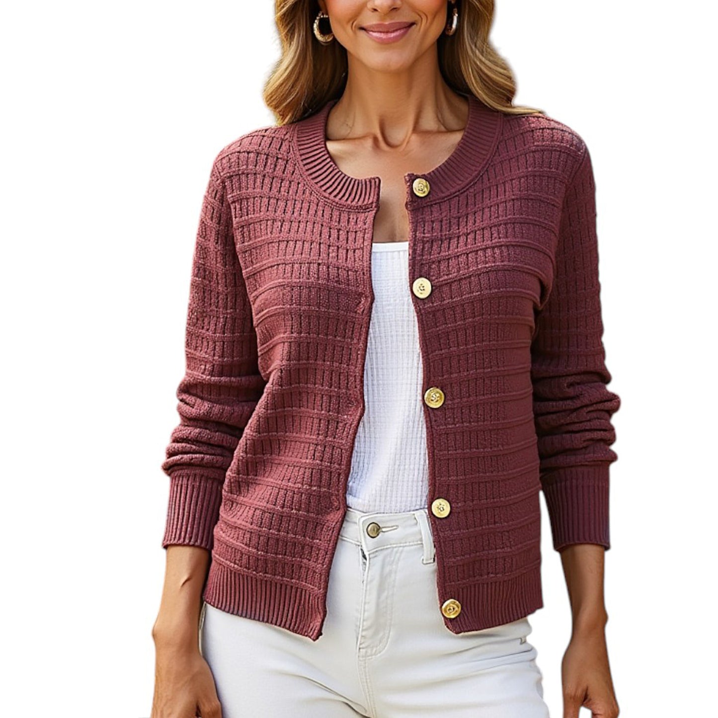 Anna-Kaci Women's Textured Knit Button-Front Cardigan with Long Sleeves and Ribbed Trim