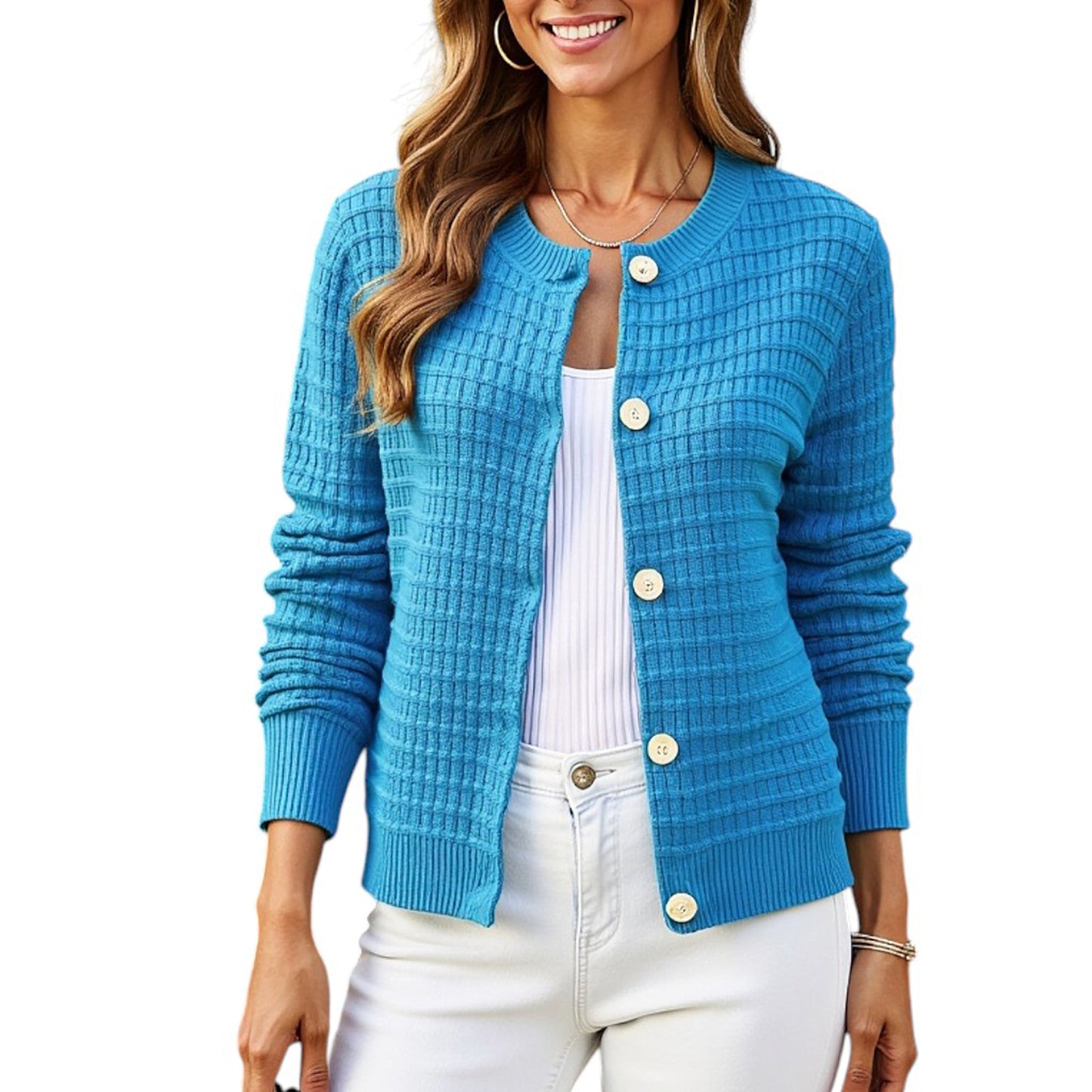 Anna-Kaci Women's Textured Knit Button-Front Cardigan with Long Sleeves and Ribbed Trim