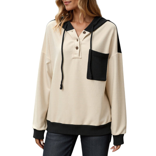 Anna-Kaci Women's Button Front Hooded Pullover with Front Pocket and Ribbed Trim