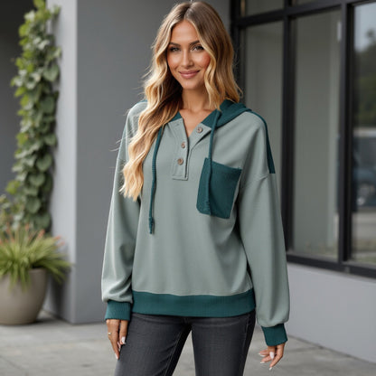 Anna-Kaci Women's Button Front Hooded Pullover with Front Pocket and Ribbed Trim