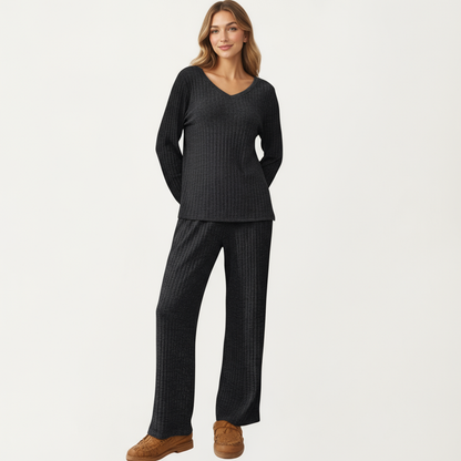 Anna-Kaci Women's 2-Piece Set Off-Shoulder Ribbed Knit Long Sleeve Top and Wide Leg Pants