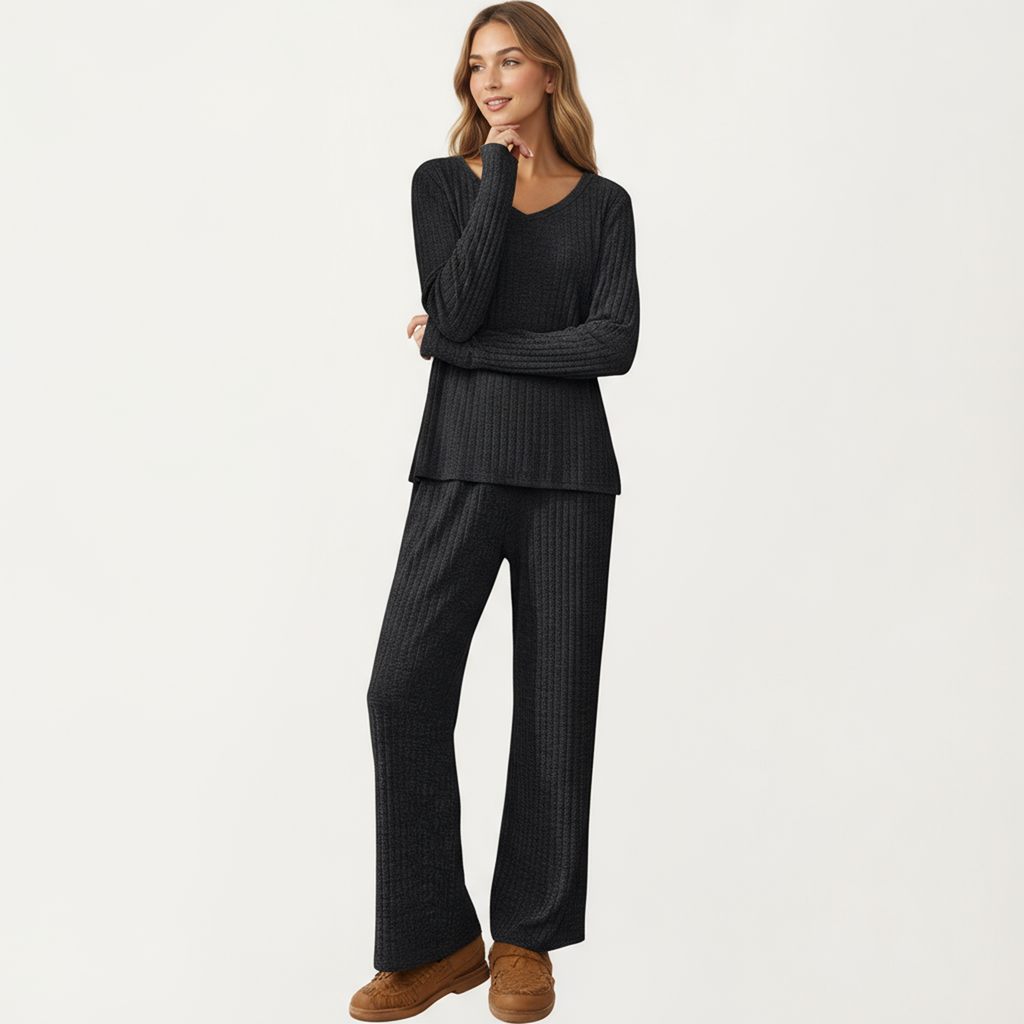 Anna-Kaci Women's 2-Piece Set Off-Shoulder Ribbed Knit Long Sleeve Top and Wide Leg Pants