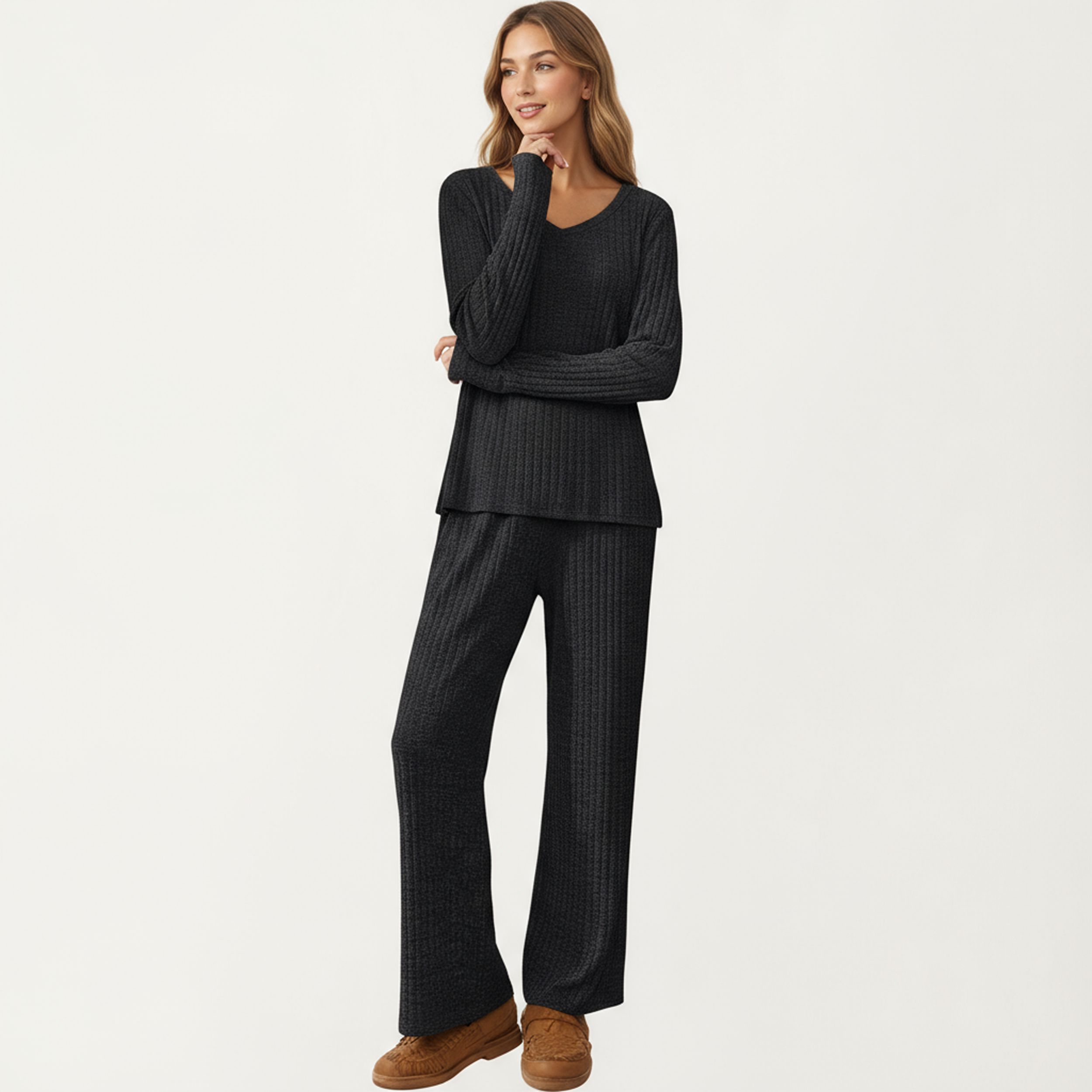 Anna-Kaci Women's 2-Piece Set Off-Shoulder Ribbed Knit Long Sleeve Top and Wide Leg Pants