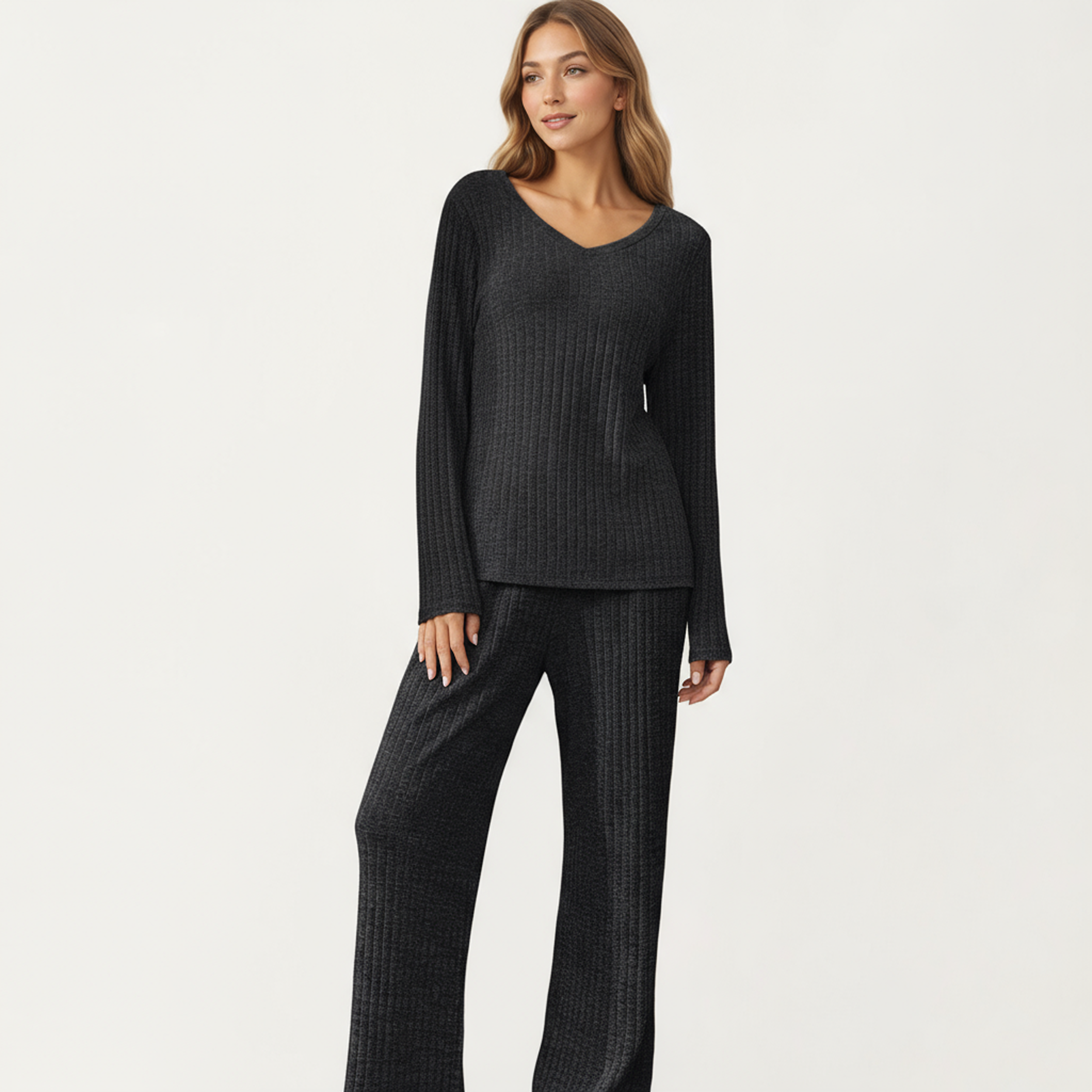 Anna-Kaci Women's 2-Piece Set Off-Shoulder Ribbed Knit Long Sleeve Top and Wide Leg Pants