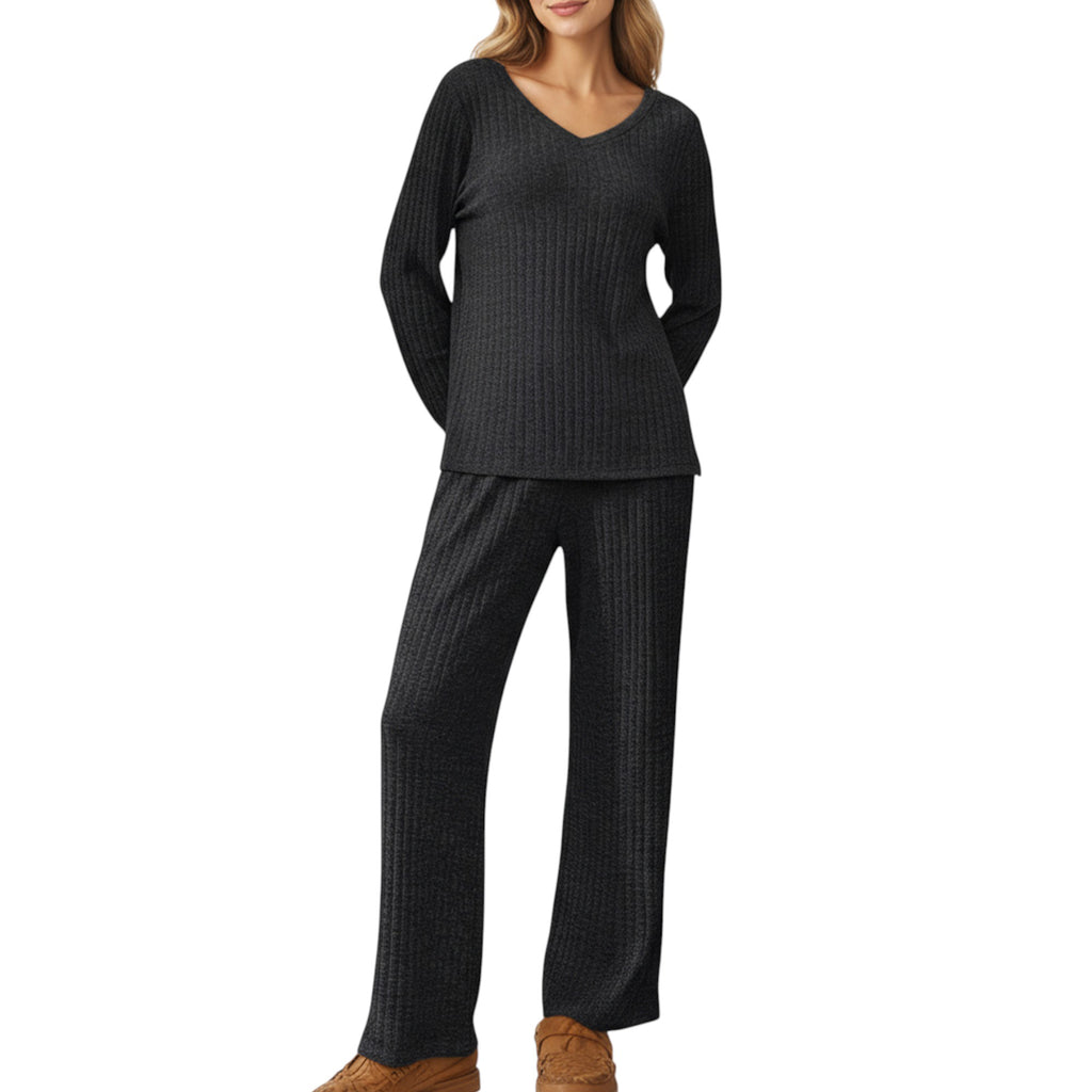 Anna-Kaci Women's 2-Piece Set Off-Shoulder Ribbed Knit Long Sleeve Top and Wide Leg Pants