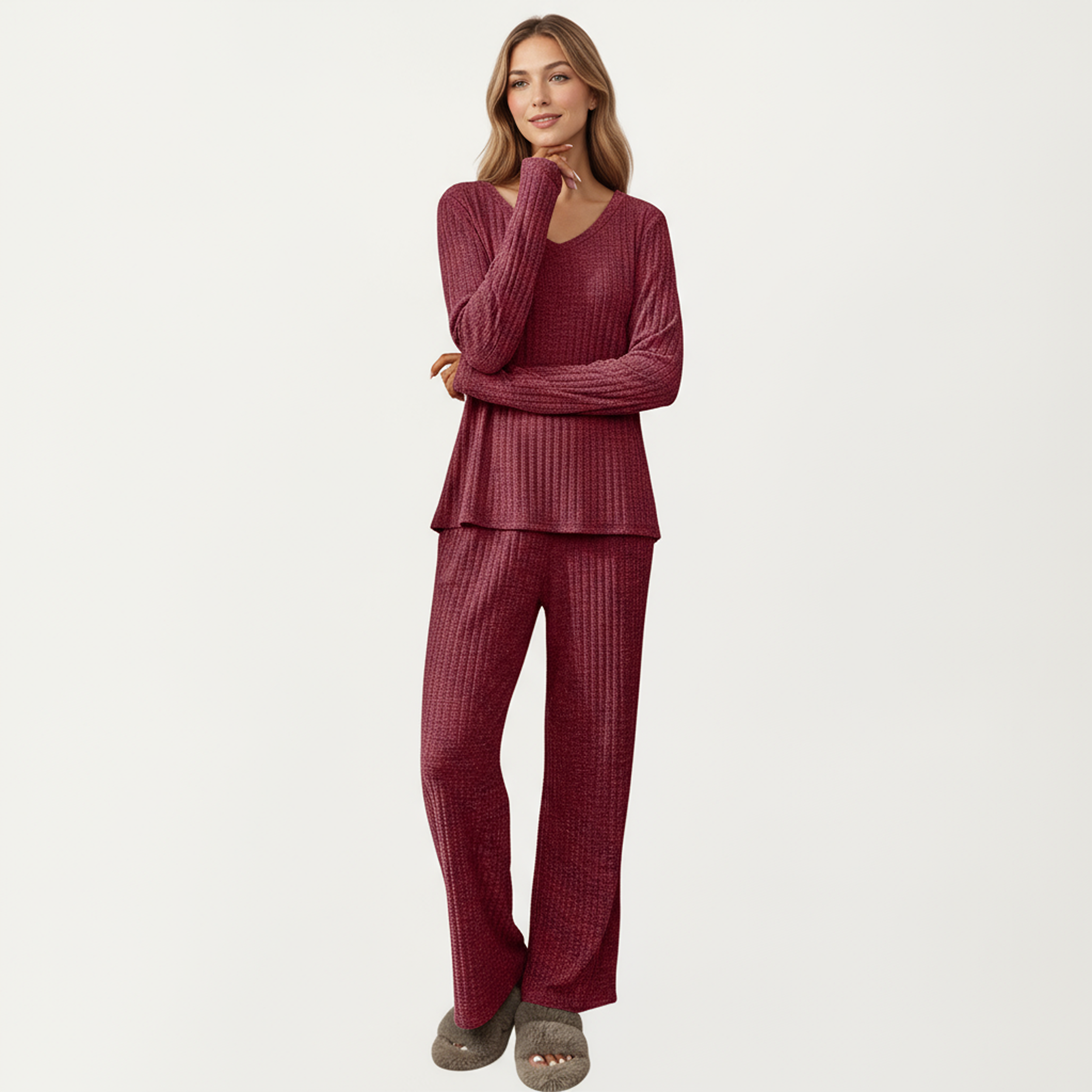 Anna-Kaci Women's 2-Piece Set Off-Shoulder Ribbed Knit Long Sleeve Top and Wide Leg Pants