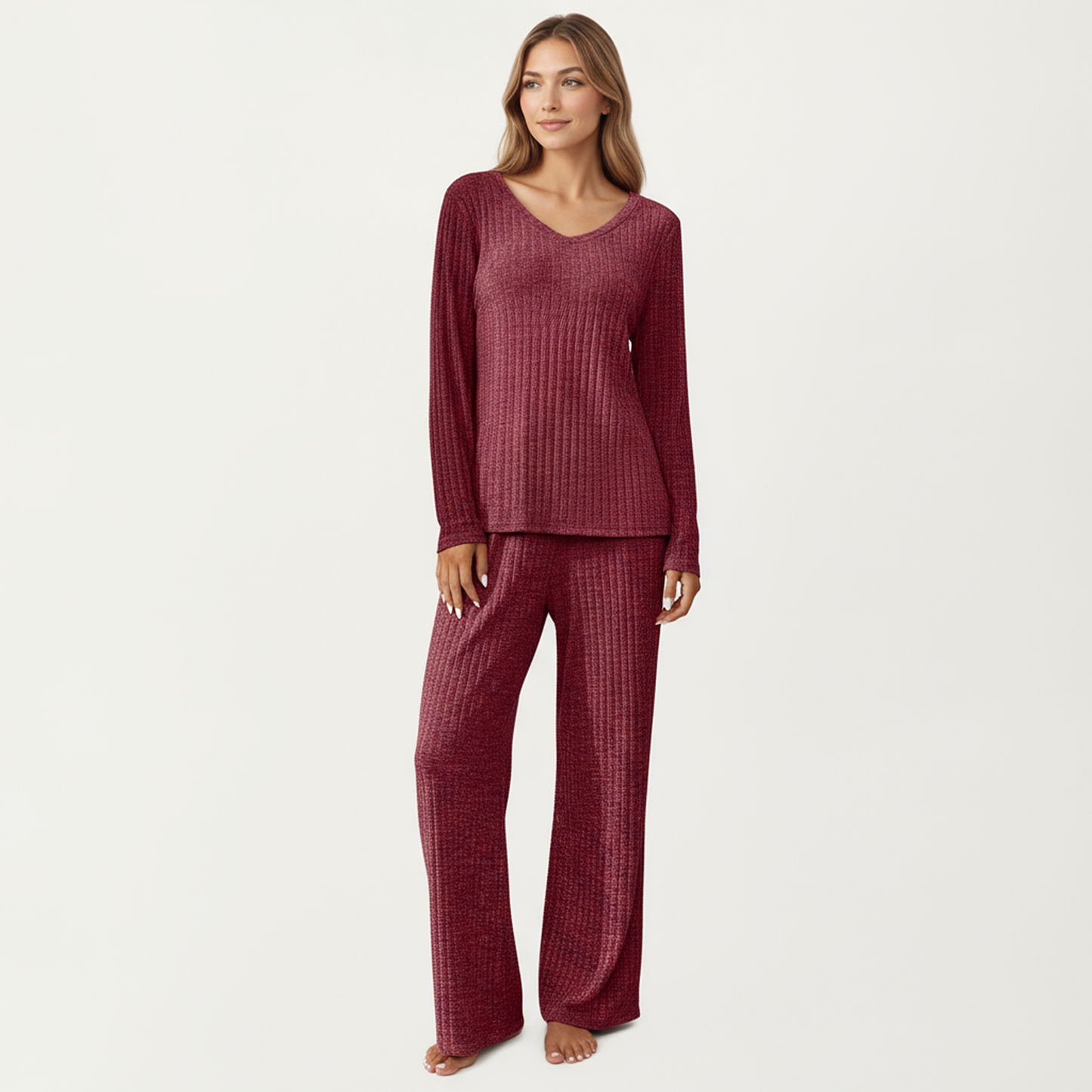 Anna-Kaci Women's 2-Piece Set Off-Shoulder Ribbed Knit Long Sleeve Top and Wide Leg Pants
