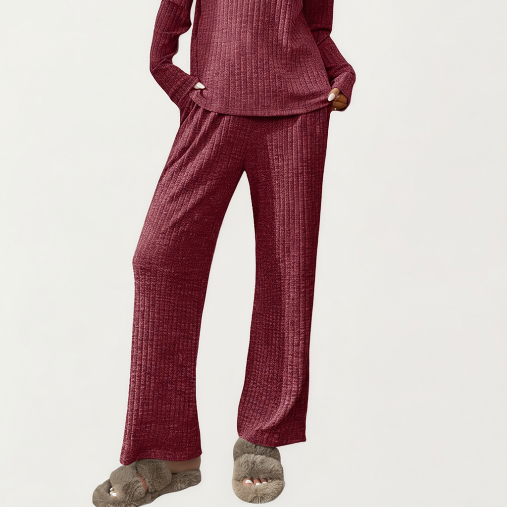 Anna-Kaci Women's 2-Piece Set Off-Shoulder Ribbed Knit Long Sleeve Top and Wide Leg Pants