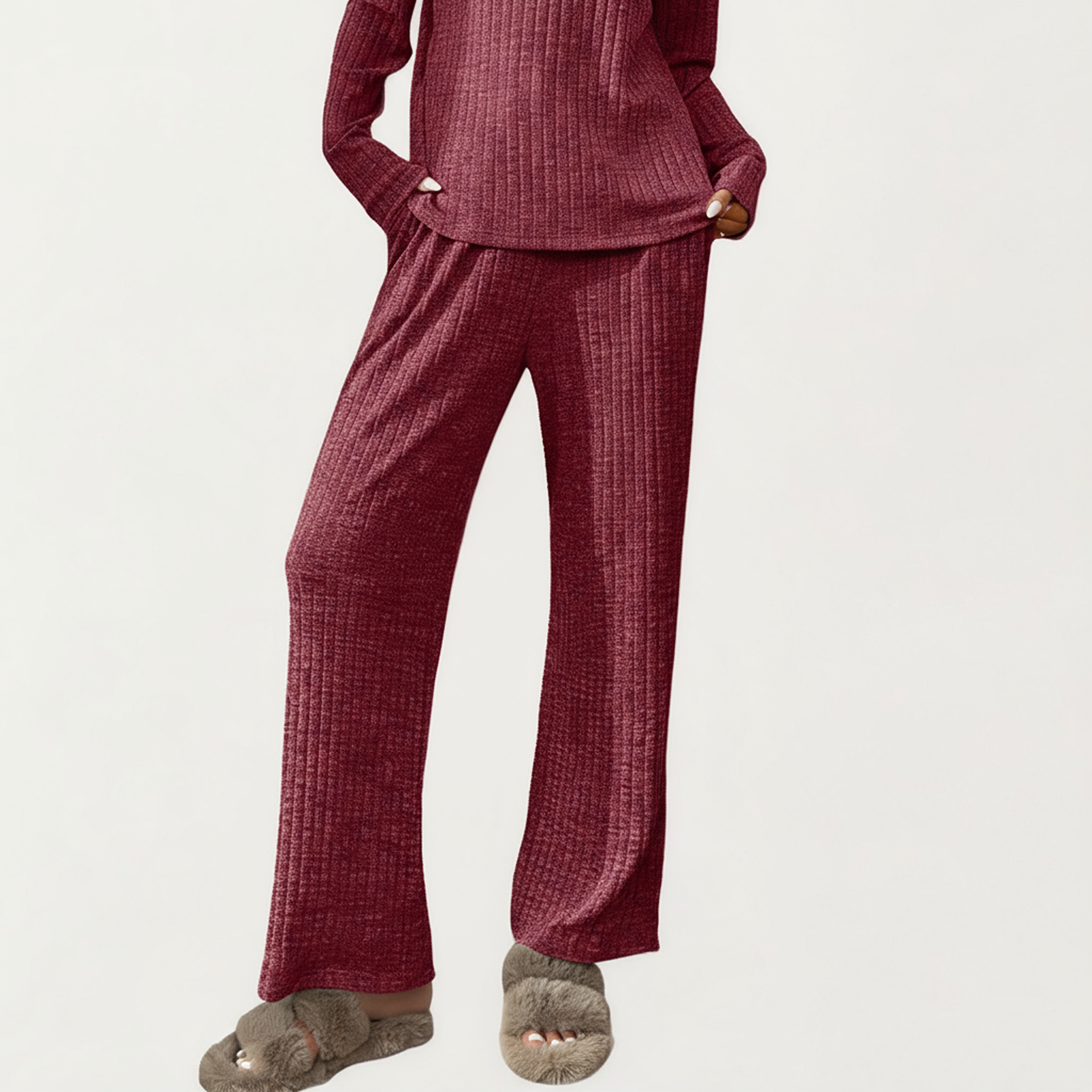 Anna-Kaci Women's 2-Piece Set Off-Shoulder Ribbed Knit Long Sleeve Top and Wide Leg Pants