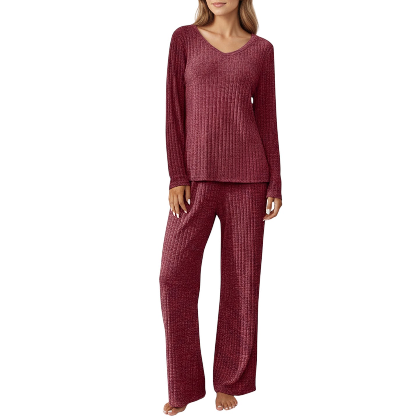 Anna-Kaci Women's 2-Piece Set Off-Shoulder Ribbed Knit Long Sleeve Top and Wide Leg Pants