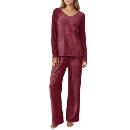 Anna-Kaci Women's 2-Piece Set Off-Shoulder Ribbed Knit Long Sleeve Top and Wide Leg Pants
