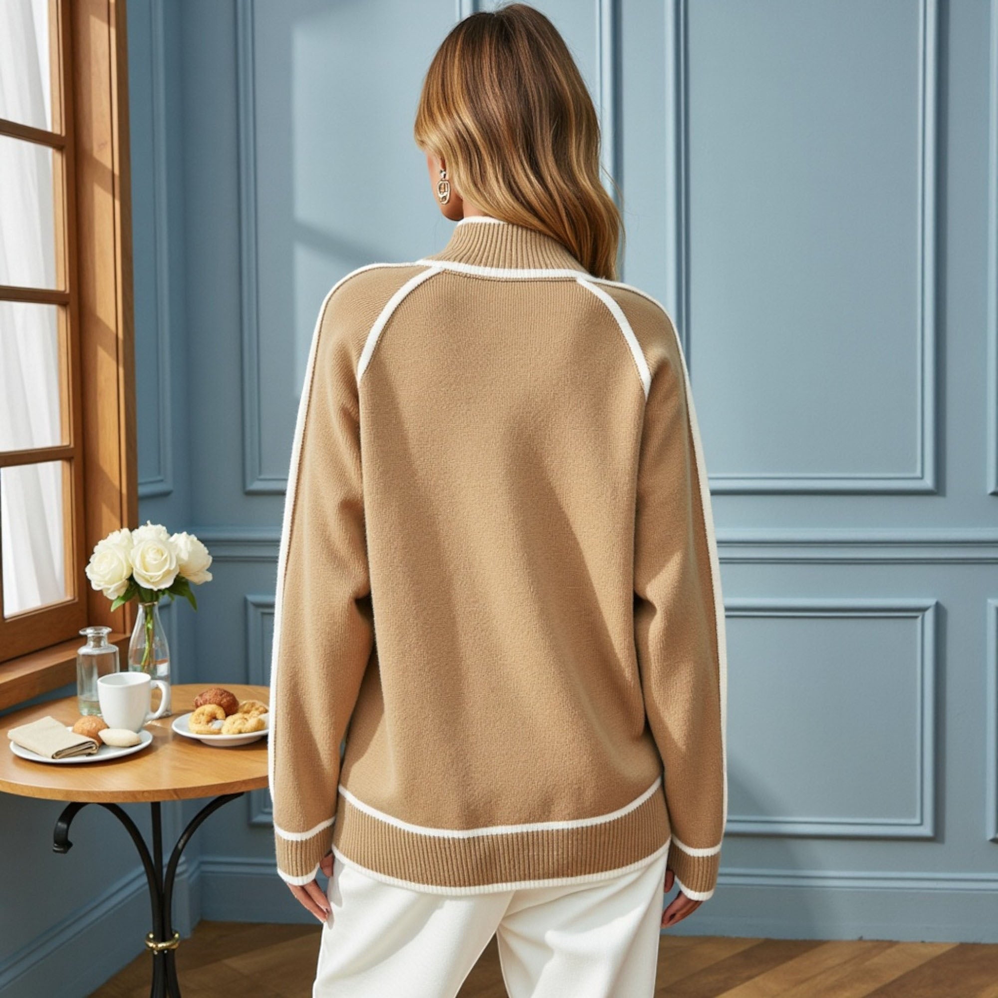 Anna-Kaci Women's Long Sleeve Knit Sweater with Contrast Trim and Mock Neck