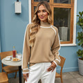 Anna-Kaci Women's Long Sleeve Knit Sweater with Contrast Trim and Mock Neck