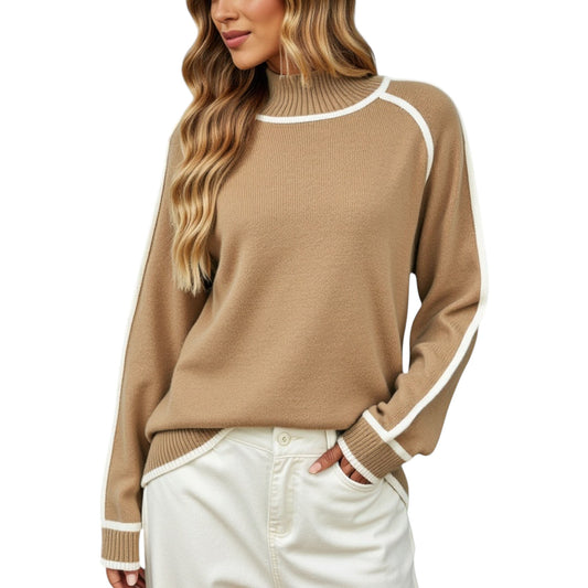 Anna-Kaci Women's Long Sleeve Knit Sweater with Contrast Trim and Mock Neck