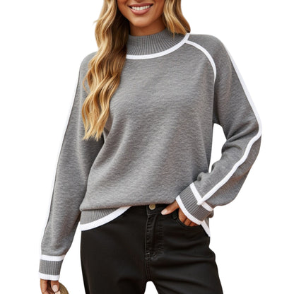 Anna-Kaci Women's Long Sleeve Knit Sweater with Contrast Trim and Mock Neck