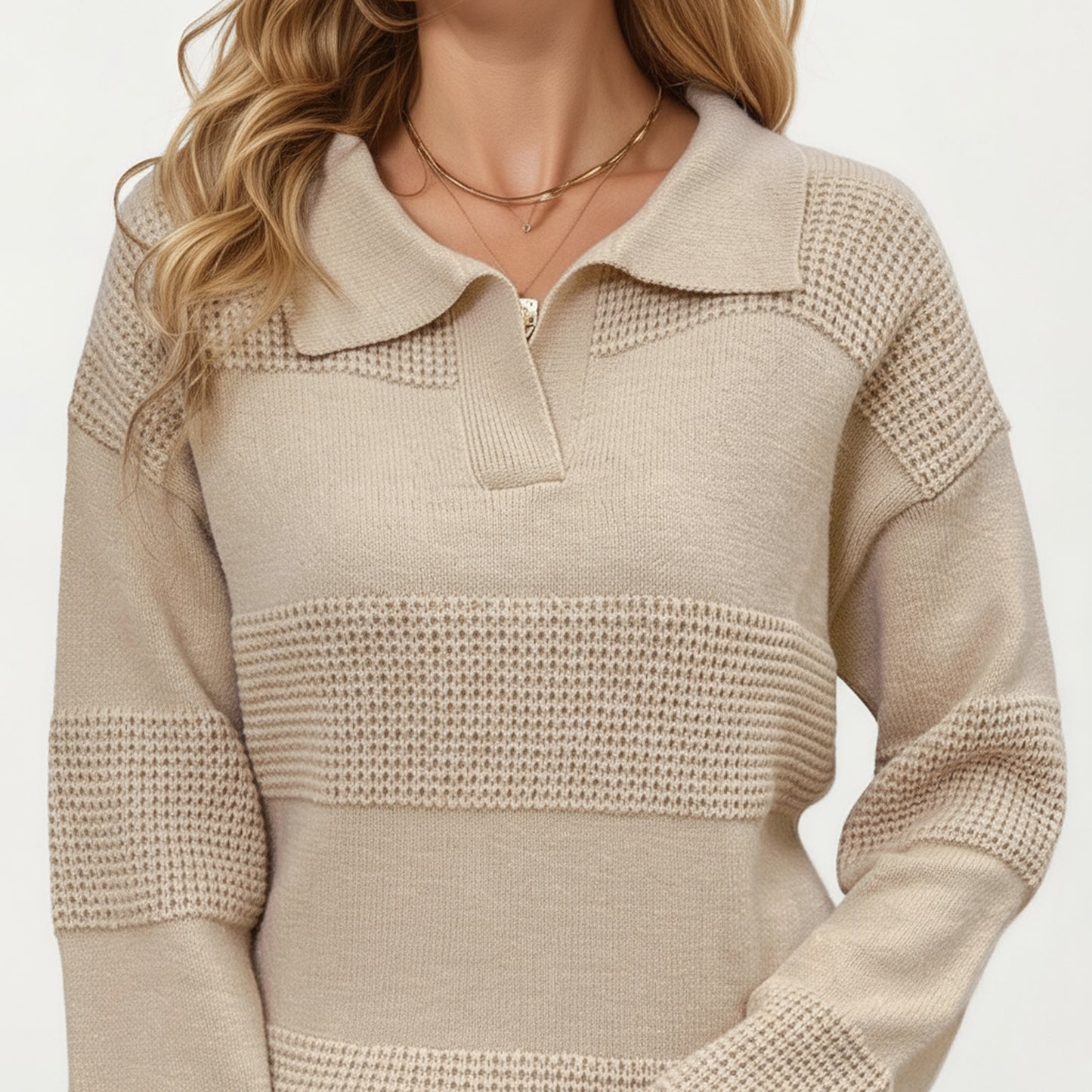 Anna-Kaci Women's Textured Stripe Knit Pullover Sweater with Polo Collar