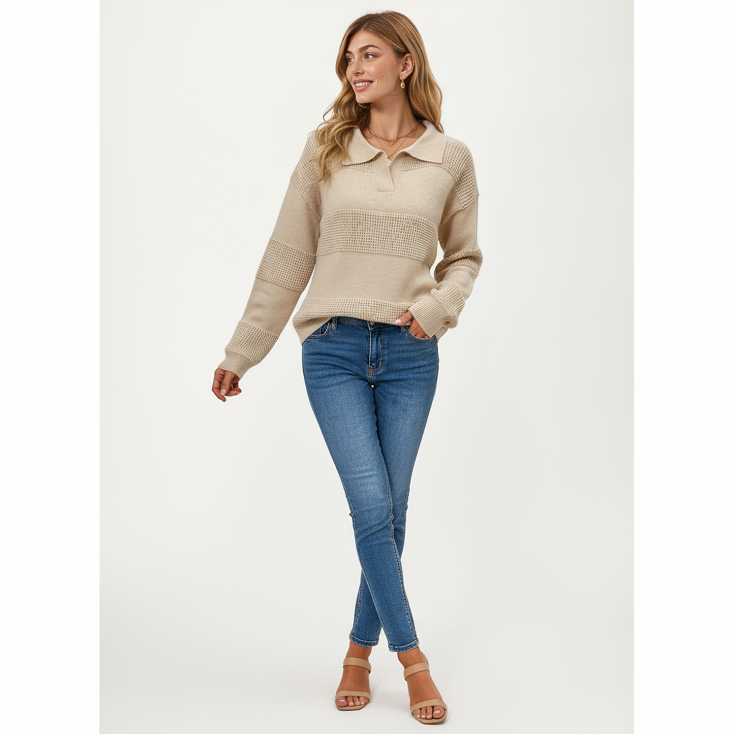 Anna-Kaci Women's Textured Stripe Knit Pullover Sweater with Polo Collar