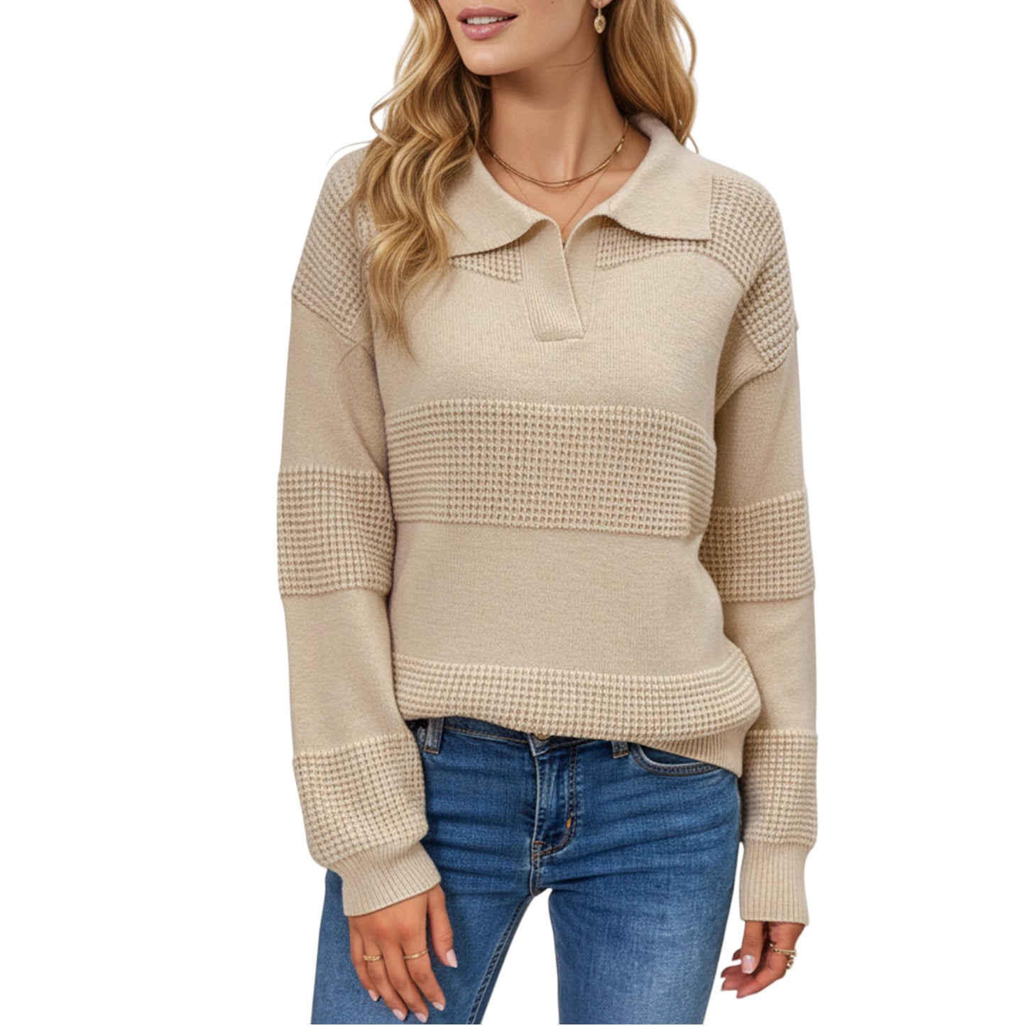 Anna-Kaci Women's Textured Stripe Knit Pullover Sweater with Polo Collar