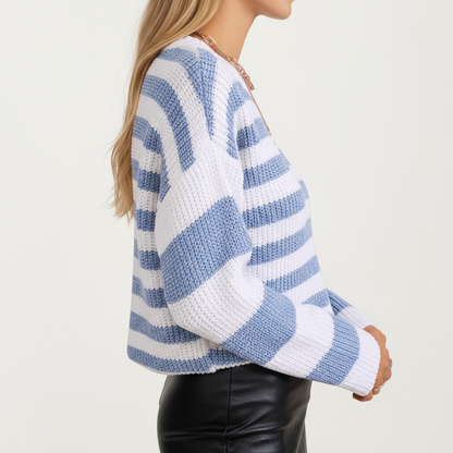 Anna-Kaci Women's Striped Knit Long Sleeve Pullover Sweater with Cropped Hem
