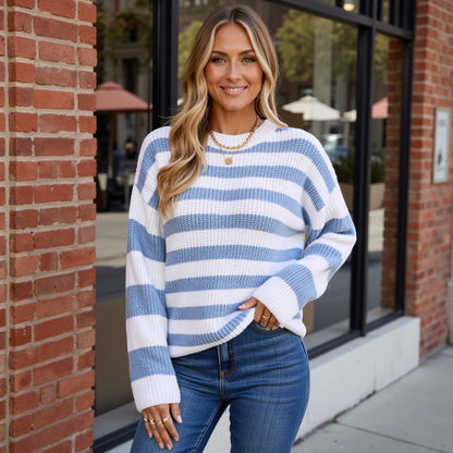 Anna-Kaci Women's Striped Knit Long Sleeve Pullover Sweater with Cropped Hem