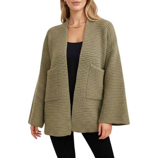 Anna-Kaci Women's Open Front Long Sleeve Textured Knit Cardigan with Relaxed Fit