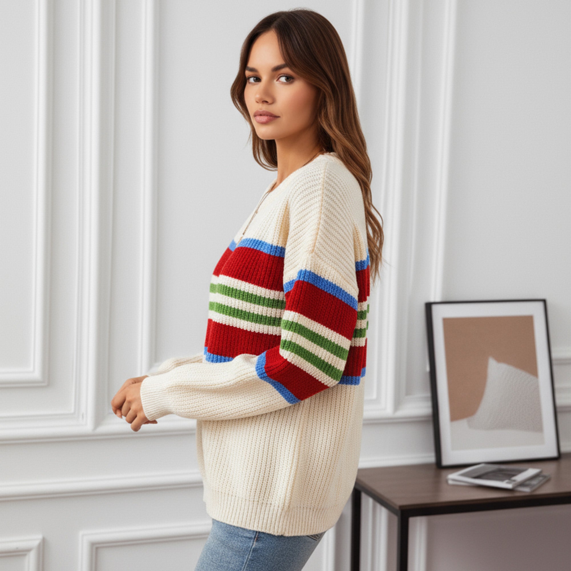 Anna-Kaci Women's Long Sleeve Striped Knit Sweater with Crew Neck and Relaxed Fit