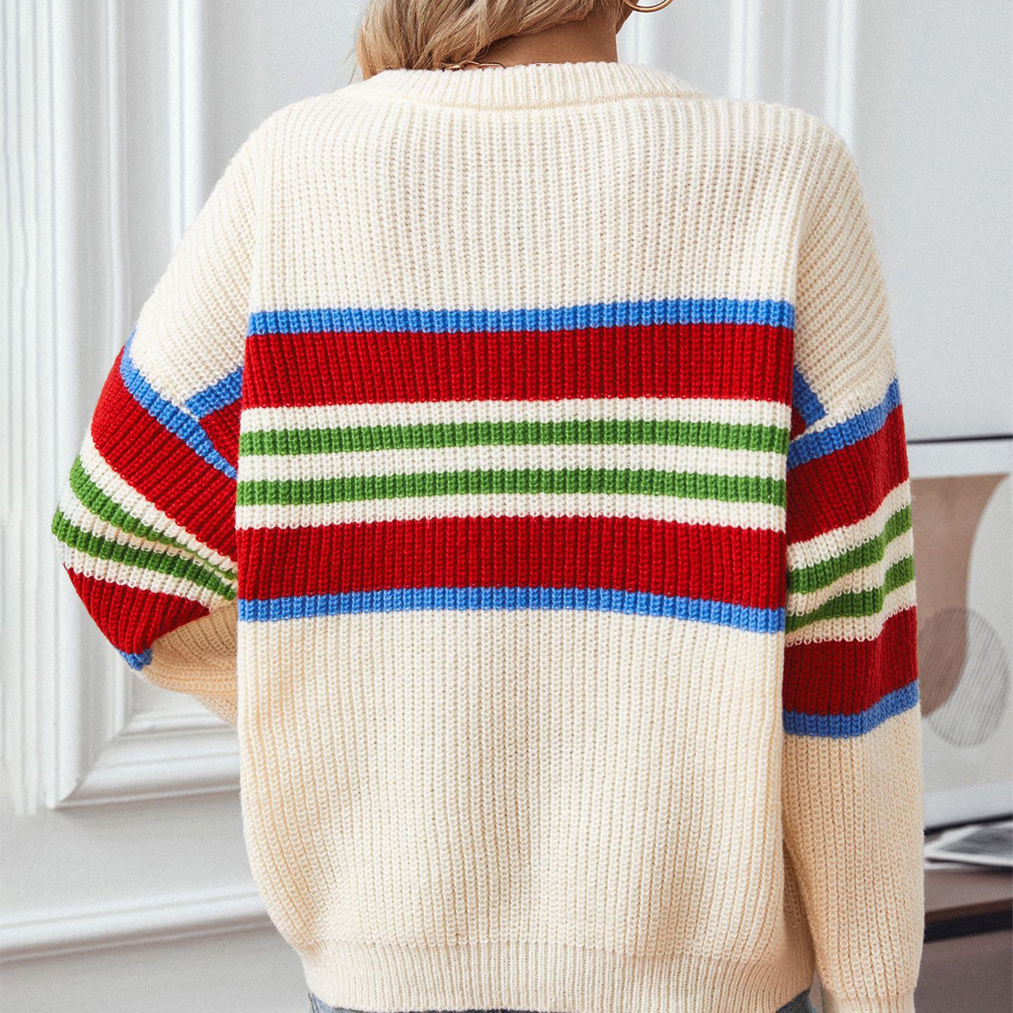 Anna-Kaci Women's Long Sleeve Striped Knit Sweater with Crew Neck and Relaxed Fit