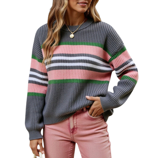 Anna-Kaci Women's Long Sleeve Striped Knit Sweater with Crew Neck and Relaxed Fit