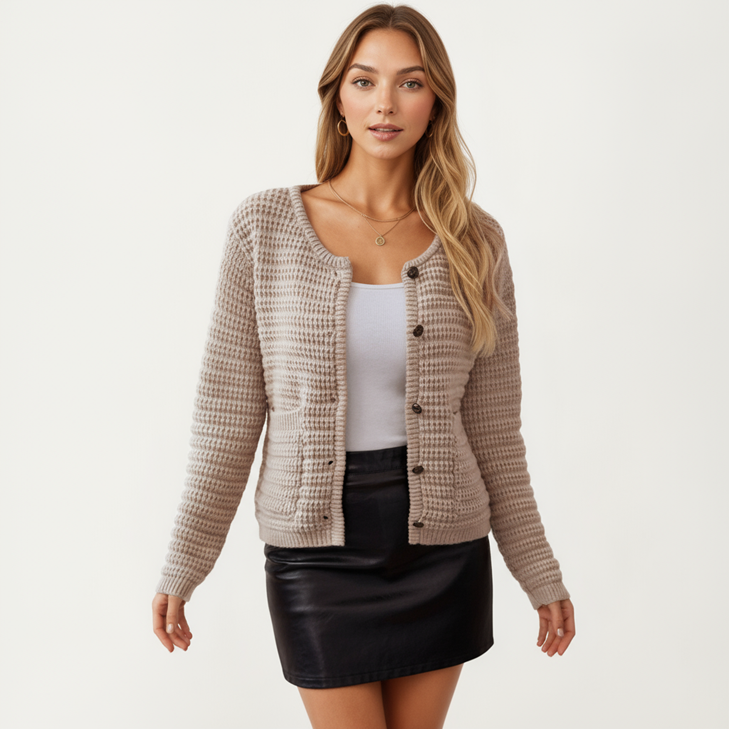 Anna-Kaci Women's Button Front Knit Cardigan with Long Sleeves and Textured Design