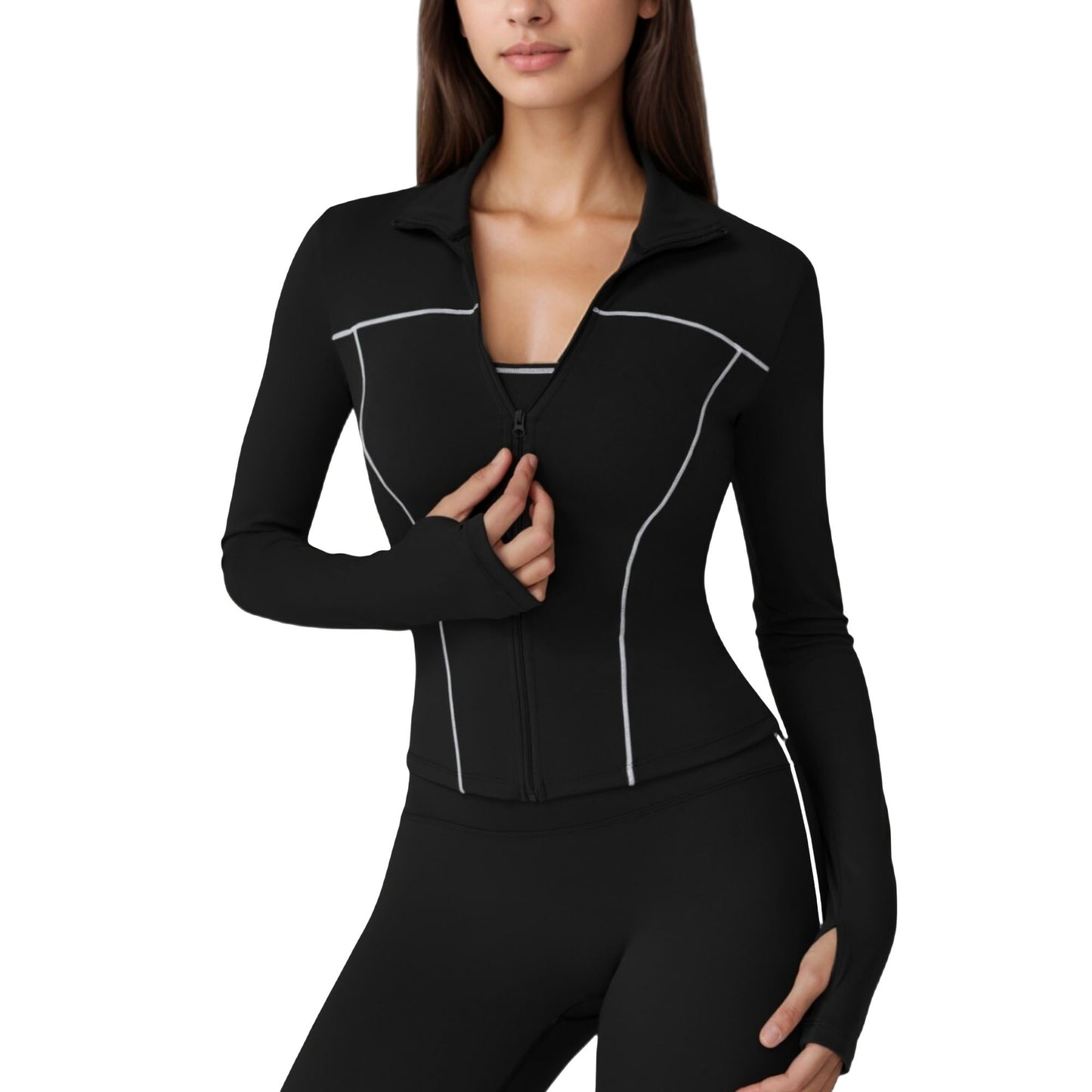 Anna-Kaci Active Women's Fitted Zip-Up Activewear Jacket with High Collar Long Sleeves and Contour Seaming