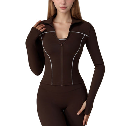 Anna-Kaci Active Women's Fitted Zip-Up Activewear Jacket with High Collar Long Sleeves and Contour Seaming