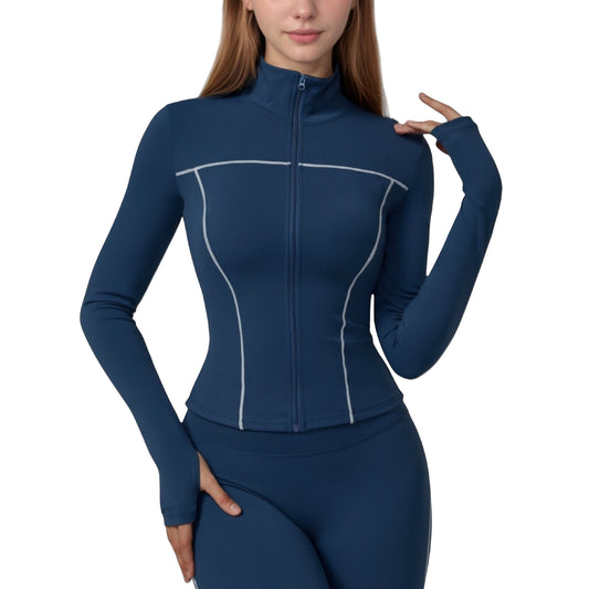 Anna-Kaci Active Women's Fitted Zip-Up Activewear Jacket with High Collar Long Sleeves and Contour Seaming