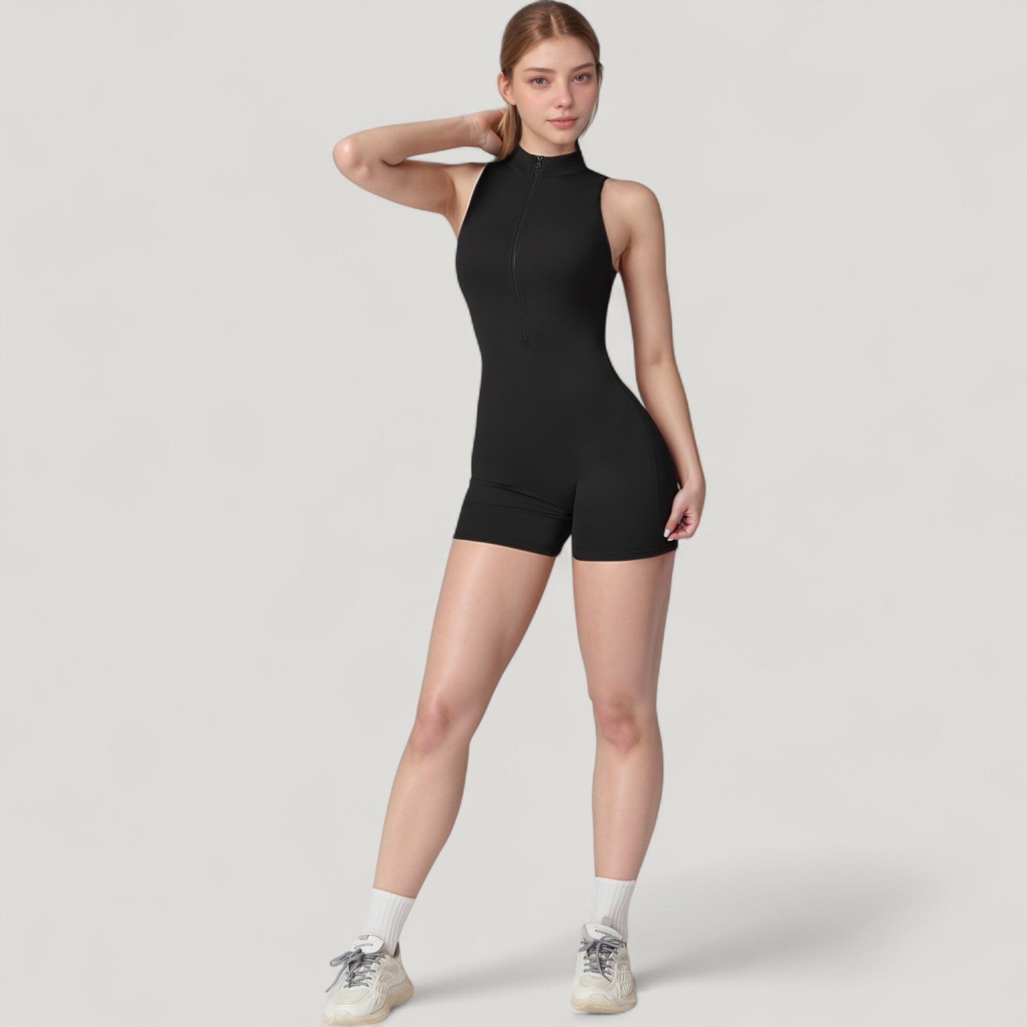 Anna-Kaci Active Women's Sleeveless Zip Front Activewear Romper with Open Back and Contoured Fit