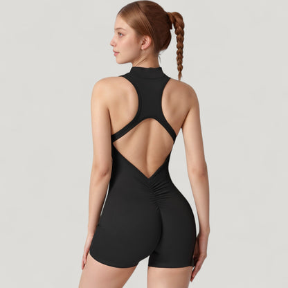 Anna-Kaci Active Women's Sleeveless Zip Front Activewear Romper with Open Back and Contoured Fit