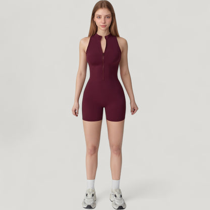 Anna-Kaci Active Women's Sleeveless Zip Front Activewear Romper with Open Back and Contoured Fit